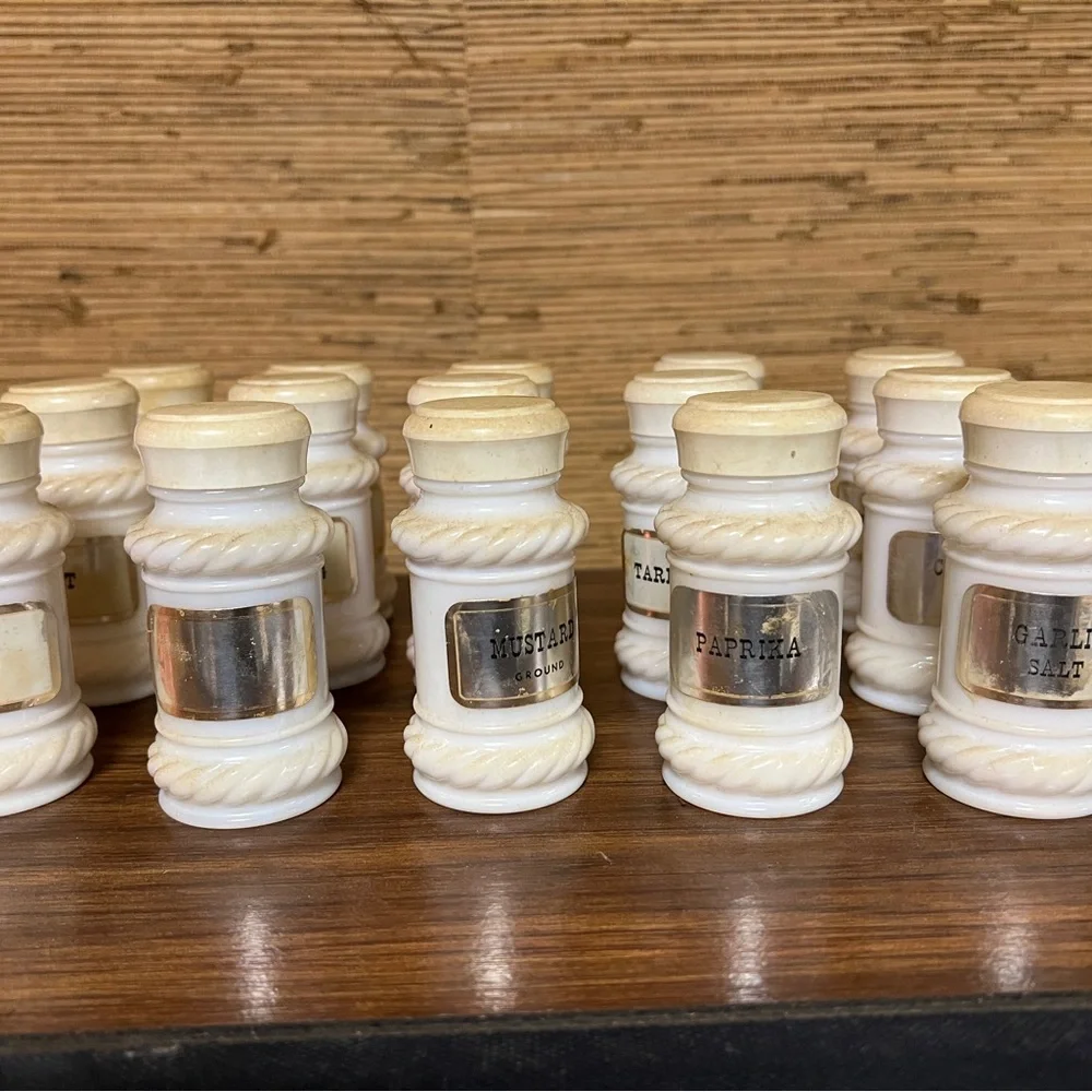 Vintage Milk Glass Spice Jars - 15 - with labels.